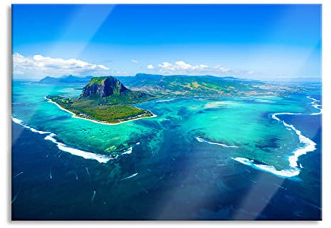 Pixxprint Glasbild, Wandbild aus Echtglas, Blick von oben auf die Trauminsel Mauritius, 80x60 cm, inkl. Aufhängung und Abstandshalter