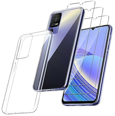MIBZOR 4-in-1 Clear Case Compatible with TCL 40 SE (6.75 inches), 1 Mobile Phone Case and 3 Pieces Protective Glass Tempered Glass, Transparent Protective Case, Soft Silicone, Flexible TPU Case