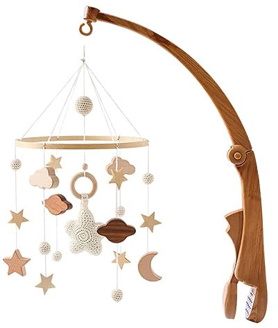 Surakey Mobile Bébé Bois, Bebe Musical, Carillon De Vent Étoile Tricotée à La Main - Décoration Chambre pour Fille Et Garçon, Maison, Ornements, Suspendus Porte