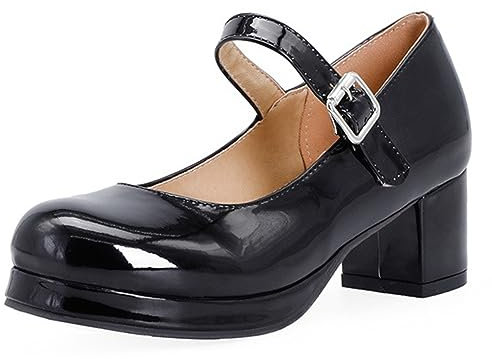Frauen mittlere Absätze Lolita Schuhe Riemen Mary-Janes Schuhe Mädchen Heels Pumps Party Tanzschuhe Damen,Schwarz,47 EU