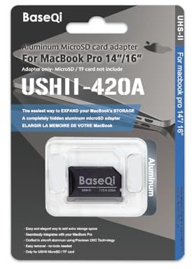 BASEQI UHS-II Aluminum microSD Adapter for 2021 M1 MacBook Pro 14 & 16” (Space Black, Adapter)