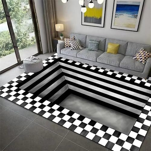 Vortex 3D Illusion Teppich - Optische Täuschung Swirl Matte Mit Bodenlose Lochmatte, Kariert in Schwarz und Weiß für Schlafzimmer, Wohnzimmer, Badezimmer