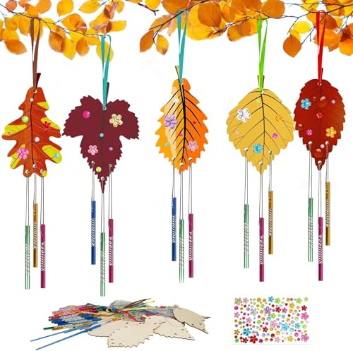 Huahuanghui Herbst Basteln Kinder 12 Stück, Ahornblatt Windspiel Bastelset mit Pinsel/Edelsteinaufkleber, Holz Deko Hänger Herbst, Herbst Holzanhänger zum Bemalen, Geschenke für Mädchen Junge
