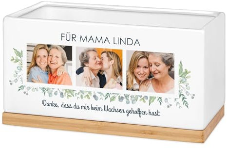 Maverton Keramik Übertopf mit Aufdruck + Untersetzer aus Bambusholz - rechteckig - Dekotopf für Frauen - Kräutertopf Küchen Deko - zum Einzug - personalisiert - Weiß - Collage