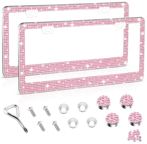 Amiss Bling Nummernschild-Rahmen für Frauen, 2 Stück, Strass, handgefertigt, Kristall, Premium-Edelstahl, Autozubehör mit Diamant-Glitzerkappen (Rosa)