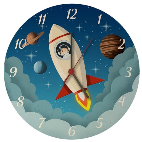 Rakete im Weltall Wanduhr für Kinder Schöne Uhr für das Kinderzimmer mit Planeten des Kosmos als Geburtstagsgeschenk für Kinder und Deko für das Schlafzimmer
