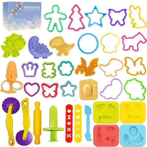 Jaeespon Pâte À Modeler pour Enfants, Playdough Kit de Pâte À Modeler Dinosauresle Rouleau à Pâtisserie le Cutter L'extrudeuse, les Ciseaux à Pâte de Jeu et une Boîte Cadeau