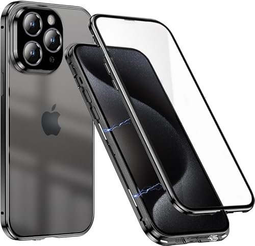 DoubCase iPhone 15 Pro Max Magnetic Case,Front and Back Tempered Glass Double-sided Case with Camera Protector,360 Degree Full Cover Shockproof Bumper Metal Phone Case for 15 Pro Max,Titanium Black