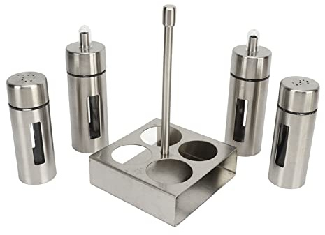 Öl und Essig Salz Pfeffer Menage Flaschen-Set, Edelstahl Öl Salz Menage Set Essigflasche Pfefferstreuer mit Standfuß für Küche Restaurant