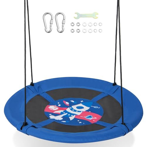 KOMFOTTEU Balançoire Nid d'Oiseau Ø102cm, Balançoire d’Extérieur pour Enfant, réglable en Hauteur (140-180 cm), Charge de 100 kg, Balançoire Suspendue Ronde en Tissu Oxford (Bleu+Rose, Fusée)
