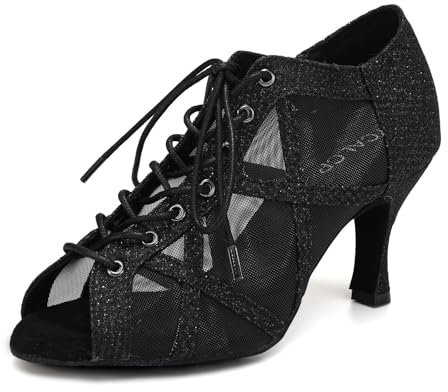 YCALCP Scarpe da Ballo Latino Donna con Lacci Pratica Standard Salsa Tango Stivaletti da Ballo,X526-nero-7.5CM,39 EU