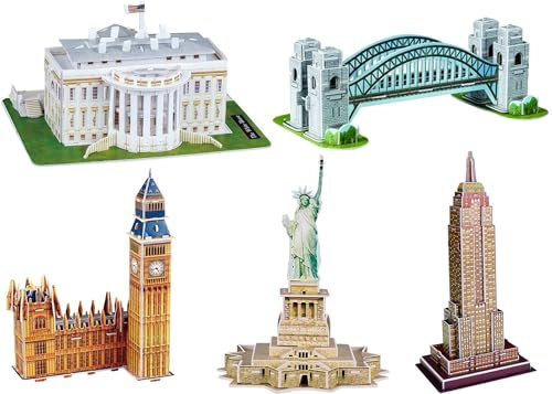 Quickdraw 5 Pack of 3D Landmark Puzzles Make Build Your Own Figure Ornaments UK & USA Famous Buildings & Statues Craft Kit