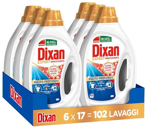 Dixan Liquido Expert Smacchiante Detersivo Lavatrice, 6 confezioni da 17 Lavaggi, Detersivo liquido per una pulizia profonda del bucato e freschezza igienica per lavatrice, Rimuove le macchie da 20°C