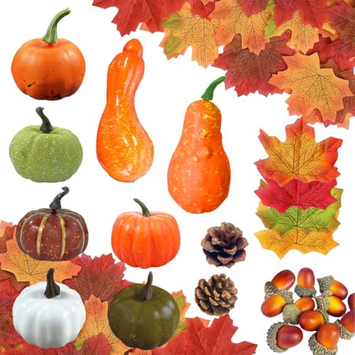 HONGECB 50 Stück Mini Künstliche Kürbisse Deko Set, Erntedankfest Dekorationen, Herbst Mini Kürbis Ahornblätter, Eicheln, Tannenzapfen, Künstliche Ahornblätter (2024 Neu)