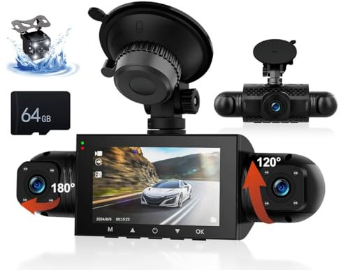 CAMECHO 4 Channel Dash Cam Front and Rear Inside, 360° Dashcam Inserted 64GB TF Card, Dash Camera for Cars, 3 IPS Screen, Night Vision, G-Sensor, Loop Recording, Driving Recorder, Car Camera