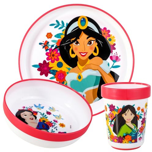 Disney Princess - Juego de vajilla bicolor reutilizable de 3 piezas para niños, plato y vaso, sin BPA