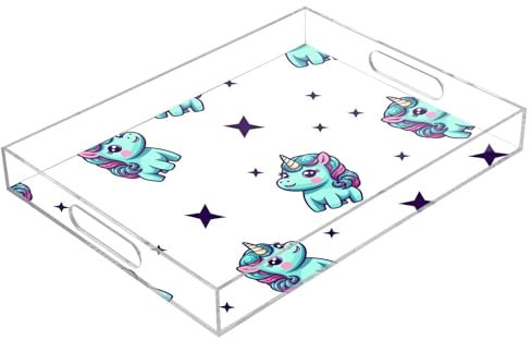 Bandeja acrílica rectangular de unicornio de la suerte y estrella, bandeja transparente para servir con asas, bandeja acrílica para galletas de 12 x 16 pulgadas, a prueba de derrames