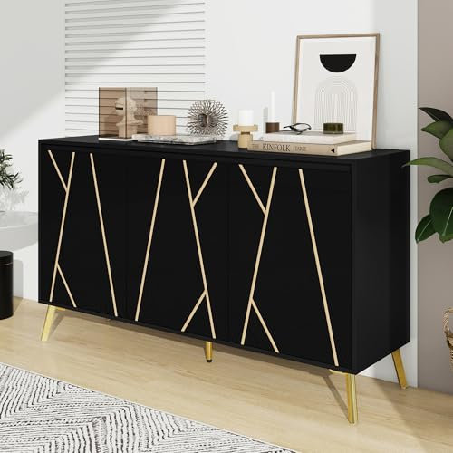 SHUGUANG Moderner Stil Sideboard Einzigartige Linie Design Buffetschrank mit 3-Türig, Grifflos, Wohnzimmer Beistellschrank, Anrichte Küche, Aufbewahrungsschrank für Esszimmer, Eingang (Weiß/Schwarz)