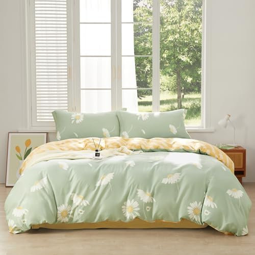 SAPHREAS Bettwäsche 200x200 Baumwolle Grün Bettwäsche Sets Weiß Blumen Bettwäsche 3teilig Kuschelige 1 Bettbezug 200x200 cm mit Reißverschluss + 2 Kissenbezüge 80x80 cm