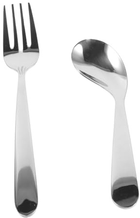 Abgewinkelter Löffel aus Edelstahl für Senioren, Leicht und Komfortabel | Selbstfütterung, Tiefere Schale und Gebogene Gabel, 1 Satz in Silber für Feste Speisen