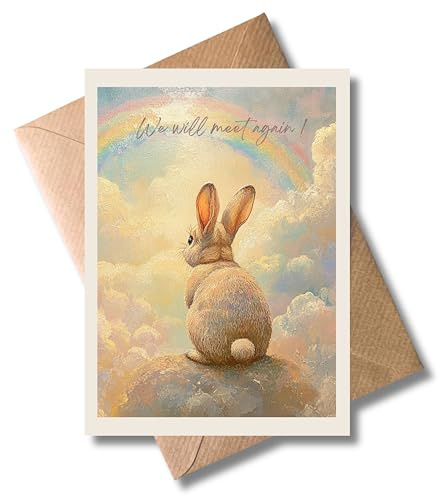 Trauerkarte – DIN A6 – „We will meet again“ mit Hase & Regenbogen – liebevolle Karte für Sternenkinder, Haustiere oder Tierfreunde – einfühlsame Abschiedskarte