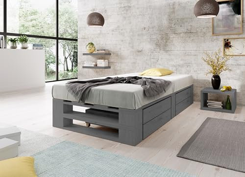 Lermowood Palettenbett M2 aus Holz 90 x 200 cm Grau mit Lattenrost und 2 Bettkästen Holzbett 30cm Stabiles Seniorenbett Kinderbett Jugendbett Gästebett erhöhtes Bettgestell Futonbett Komforthöhe