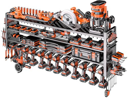 Shomextol Organizzatore per utensili elettrici da parete, per garage con 14 porta trapano senza fili, organizer per attrezzi da garage a 4 strati e scaffale portaoggetti, grande scaffale per attrezzi