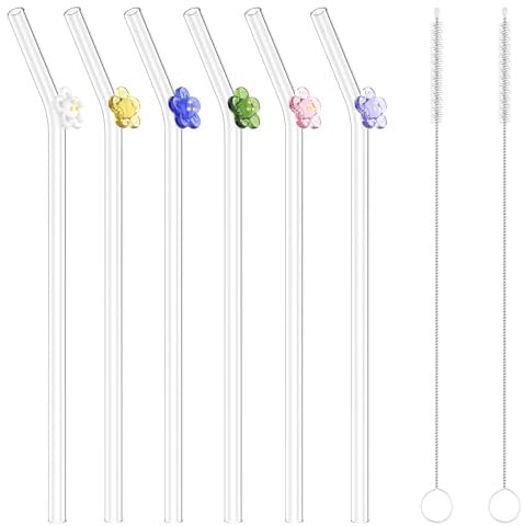 Bigqin Reusable Glass Straws, 6 Pack Curved Glass Drinking Straws with 2 Cleaning Brushes, 20cm Long, Glass Straws with Colorful Flowers for Cocktails, Soda, and Juices