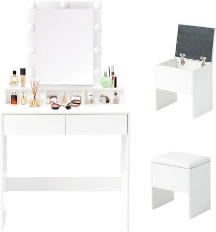 ZZINOKE Schminktisch mit Hocker, Frisierkommode mit Schminkspiegel und LED Beleuchtung, 3 Farben, einstellbare Helligkeit, Kosmetiktisch mit 3 offenen Ablagen und 2 Schubladen, 80×40×142cm, Weiß