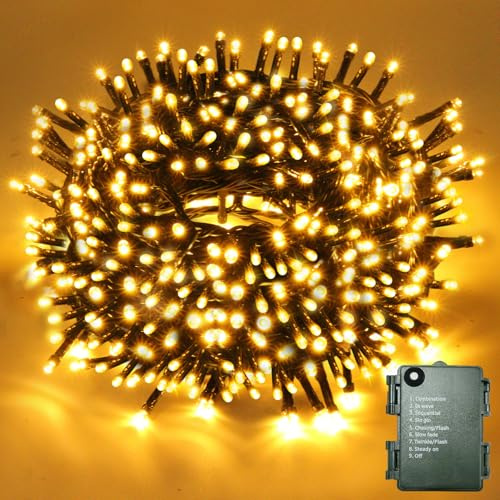 VSTKEN Luces Árbol Navidad con Batería, 20M 200LEDs Luces para Árbol de Navidad, 8 Modos, Blanco Cálido Impermeables IP44 para Decoración de Árboles Interior/Exterior