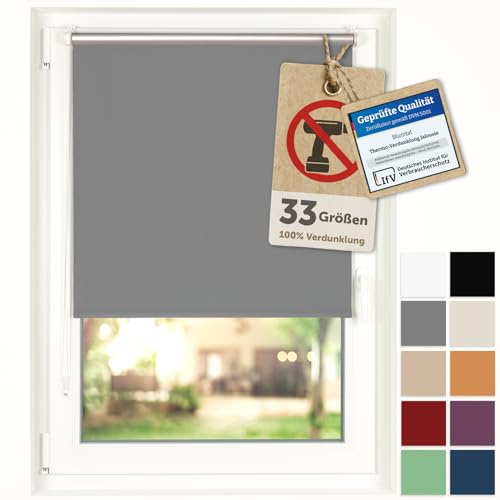 Blumtal Verdunkelungsrollo ohne Bohren 80x130cm - Thermorollo/Verdunklungsrollo 100% Verdunkelung - Klemmrollos für Fenster ohne Bohren - 4-lagiges Rollo UV-beständig - Blackout Blinds Grau