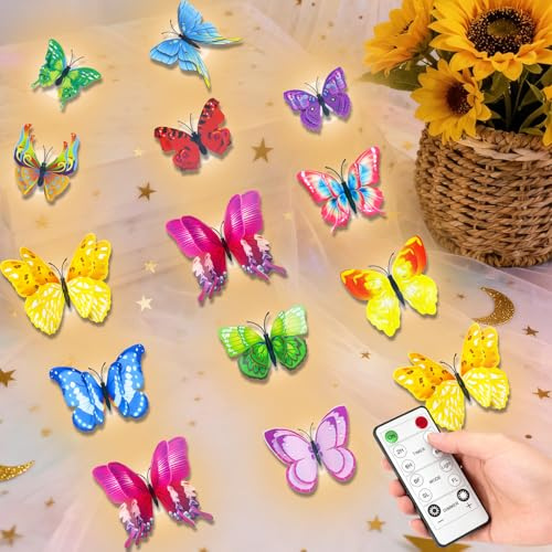 Yme 36er 3D Schmetterling Wandaufkleber mit Magnet 12er LED Rundlichter | Schmetterling Aufkleber mit Fernbedienung Timer, Inkl. Klebepads für Wanddekoration Schlafzimmer Kinderzimmer DIY Deko