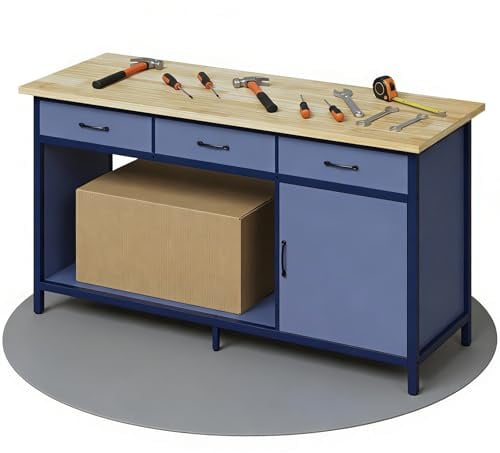 Jummico Werkbank bis 500 kg Belastbar 3 gleitfähige Schubladen 1 Offener Stauraum 25 mm Holzplatte Werktisch 160 x 60 x 85 cm