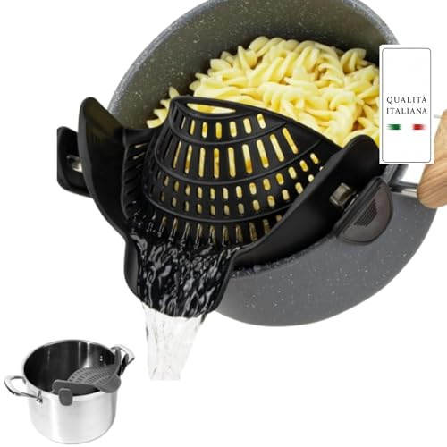 Scolapasta in Silicone con Clip – Colino per pasta da appendere a pentola, padelle e ciotole - lavabile in lavastoviglie e adatto agli alimenti - Colapasta, Cucina, Scola Pentola, Cose per la Casa