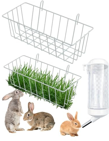 Rabbit Hay Feeder Set, 2 Pack Metal Hay Rack with 500ml Rabbit Water Bottle