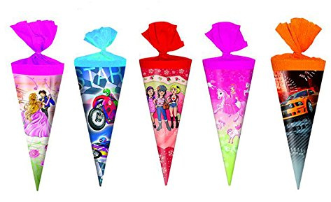 5x Schultüte/Zuckertüte/Länge: 25cm / rund / 5 verschiedene Motive
