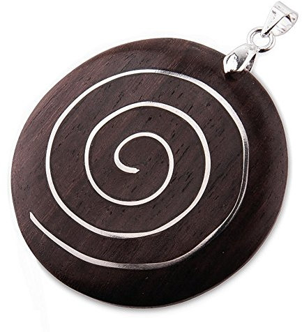 Sonoholz Anhänger mit Silberspirale – Handgefertigter Holzschmuck ca. 3,8 cm Ø | Mit Metallöse, schwarzem Lederband & Organzasäckchen