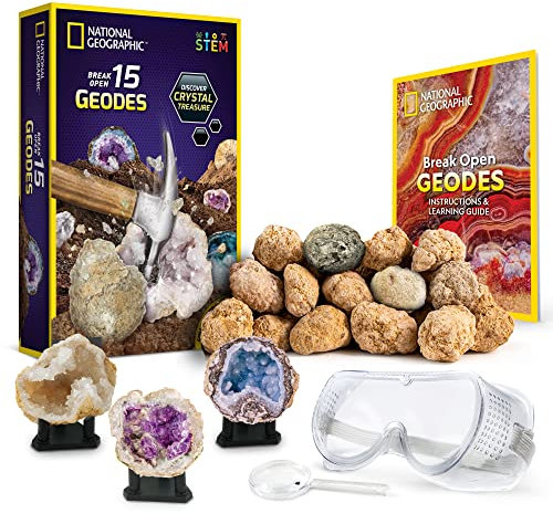 National Geographic Abre Tú Mismo 15 Geodas Premium - Incluye Gafas, Guía Didáctica y 3 Soportes de Exhibición