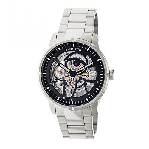 HERITOR Ryder Automatic Watch for Men – 44mm Men’s Skeleton Watch with Jeweled Automatic Movement, 316L Stainless Steel Case, Sapphire-Coated Mineral Crystal, Stainless Steel Bracelet (HERHR4608) – Silver/Black
