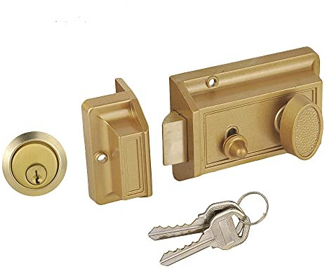 SUMBIN Night Latch Deadbolt Rim Lock,Antique Locks with Keys for Front Door,Gold Finish