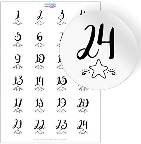 Adventskalender-Zahlen Aufkleber 1 bis 24 / modern mit Sternen schwarz/Etiketten/Sticker/Weihnachtskalender/Advent/Rund/DIY/zum Aufkleben