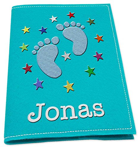 U-Heft Hülle Junge bestickt mit Name Babyfüße blau bunte Sterne Filz hellgrau dunkelgrau pink hellblau schwarz türkis maigrün Untersuchungshefthülle (türkis)