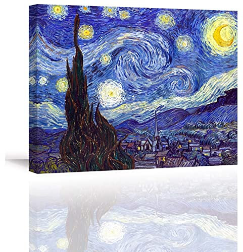 Piy Painting Reproduction de Starry Night by Van Gogh Impression sur Toile, Tableau de Paysage, Photo sur Toile pour Déco d'art Murale en Salle de Bain Cadeau de Nouvel an, 40x30cm
