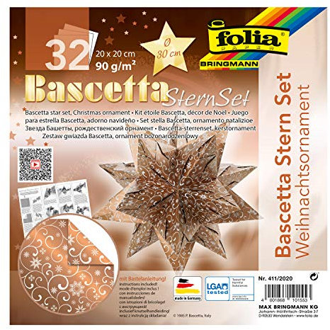 folia 411/2020 - Bastelset Bascetta Stern Weihnachtsornament, kupfer/weiß, 32 Blatt, 20 x 20 cm, fertige Größe des Papiersterns ca. 30 cm, mit ausführlicher Anleitung - ideal zur zeitlosen Dekoration