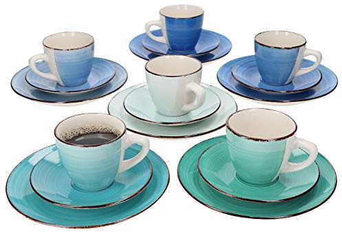 MamboCat 18-teiliges Kaffee-Service Blue Curacao I Kaffee-Geschirr-Set f. 6 Personen - handbemalt I Steingut-Geschirr mit je 6X Tassen - Unterteller - Kuchenteller I Kaffee-Set bunt 18 Teile