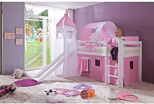 Relita Spielbett mit 4tlg. Stoffset rosa/weiß, Buche massiv weiß lackiert