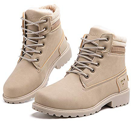 Hitmars Stivali Invernali Donna Bassi Caldi Foderato di Pelliccia Scarpe da Inverno PU Vamp Stivaletti da Neve Stringate Piatto 3.2 CM 3 Cachi Taglia 42 EU