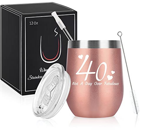 Livole Regalos de 40 cumpleaños para mujeres, vaso de vino con dicho divertido, copas de vino sin tallo de doble pared de acero inoxidable con tapa y pajita, 12 onzas, oro rosa