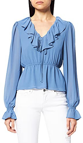 NA-KD Blusa de Gasa con Cuello en V y Volantes, Azul, 38 para Mujer