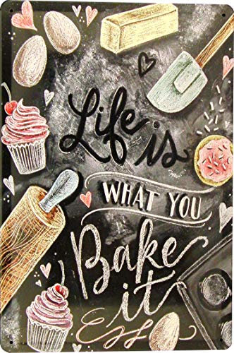 Blechschild 20x30 Gebäck Kuchen Life is What You Bake It mit Muffins Plätzchen im Tafel Kreide Design Essen Trinken für Gastronomie Hotel Bäcker Pizzeria Konditorei Küche Kochen Backen